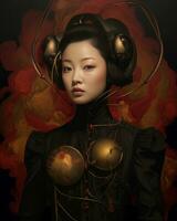an asian woman in a black dress with a gold headpiece generative AI photo