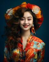 an asian woman wearing a colorful dress and hat generative AI photo