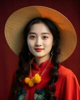 un asiático mujer vistiendo un rojo vestir y sombrero generativo ai foto