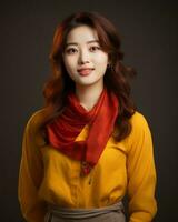 an asian woman wearing a yellow shirt and red scarf generative AI photo