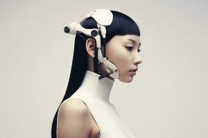 an asian woman wearing a futuristic helmet generative AI photo