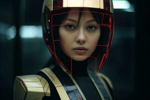 an asian woman wearing a helmet with red lines on it generative AI photo