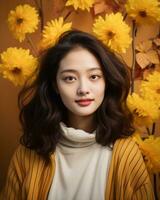 an asian woman wearing a sweater and yellow flowers generative AI photo