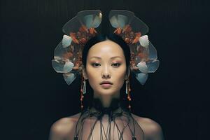 un asiático mujer con flores en su pelo generativo ai foto