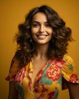 an attractive woman with curly hair wearing a colorful dress generative AI photo