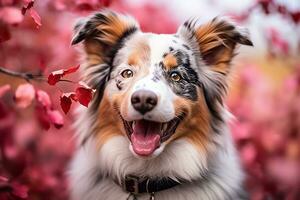 an australian shepherd dog is smiling in front of red leaves generative AI photo