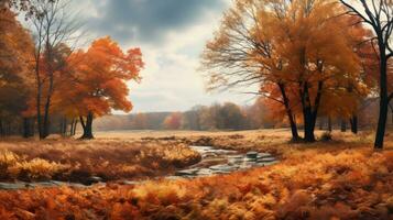 un otoño paisaje con arboles y un corriente generativo ai foto