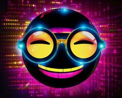 an emoticor with glowing eyes and glasses on a colorful background generative AI photo