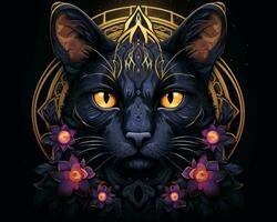 an illustration of a black cat with purple flowers generative AI photo