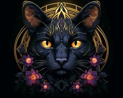 an illustration of a black cat with purple flowers generative AI photo