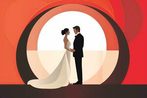 un ilustración de un novia y novio en pie en frente de un circular ventana generativo ai foto