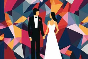 an illustration of a bride and groom standing in front of a colorful geometric background generative AI photo