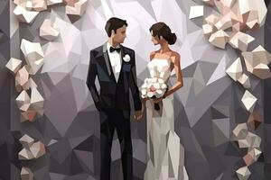 an illustration of a bride and groom standing in front of a low polygonal background generative AI photo