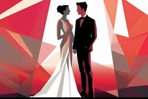 an illustration of a bride and groom standing in front of a red background generative AI photo