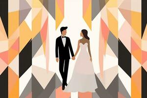 an illustration of a bride and groom standing in front of a geometric pattern generative AI photo