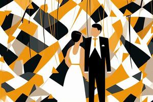 an illustration of a bride and groom standing in front of an abstract background generative AI photo