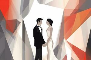 un ilustración de un novia y novio en pie en frente de un resumen antecedentes generativo ai foto