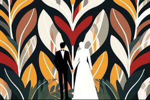 an illustration of a bride and groom standing in front of an abstract background generative AI photo