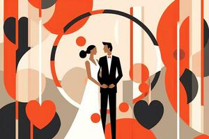 an illustration of a bride and groom standing in front of an abstract background generative AI photo