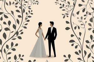 un ilustración de un novia y novio en pie en frente de un arco de hojas generativo ai foto