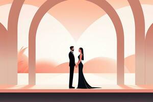 an illustration of a bride and groom standing in front of an arch generative AI photo