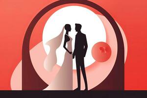 un ilustración de un novia y novio en pie en frente de un arco generativo ai foto