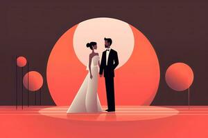 an illustration of a bride and groom standing in front of an orange background generative AI photo