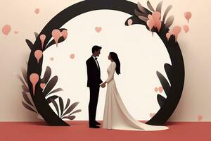 an illustration of a bride and groom standing in front of an arch generative AI photo