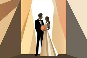 an illustration of a bride and groom standing in front of an open doorway generative AI photo