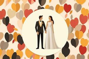 an illustration of a bride and groom standing in front of hearts generative AI photo