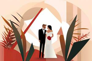 an illustration of a bride and groom standing in front of plants generative AI photo