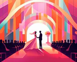 an illustration of a bride and groom standing in front of an archway generative AI photo