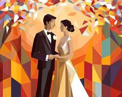 an illustration of a bride and groom standing in front of an autumn tree generative AI photo