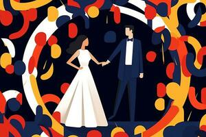 an illustration of a bride and groom standing in front of confetti generative AI photo