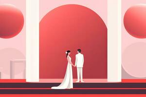 an illustration of a bride and groom standing on a red carpet generative AI photo