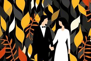 an illustration of a bride and groom standing in front of leaves generative AI photo