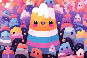 an illustration of a candy corn with many faces and clouds in the background generative AI photo