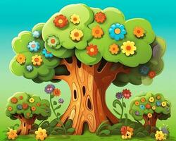 un ilustración de un dibujos animados árbol con flores generativo ai foto