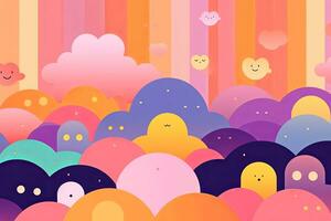 an illustration of a colorful sky with clouds and smiling faces generative AI photo