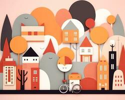 an illustration of a city with trees houses and a bicycle generative AI photo