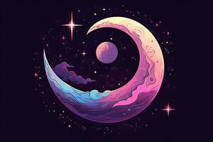 an illustration of a crescent moon with stars in the background generative AI photo