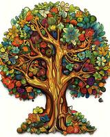 an illustration of a colorful tree with fruit and flowers generative AI photo