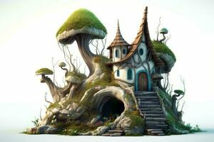 an illustration of a fairy house with mushrooms and trees generative AI photo