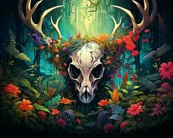an illustration of a deer skull surrounded by flowers generative AI photo
