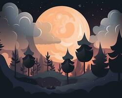 an illustration of a forest at night with a full moon generative AI photo