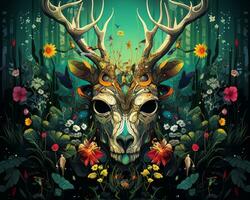an illustration of a deer skull surrounded by flowers generative AI photo