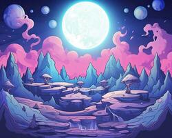 an illustration of a fantasy landscape with a full moon in the sky generative AI photo