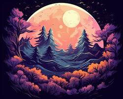 an illustration of a forest with a full moon in the background generative AI photo