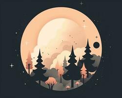 un ilustración de un bosque con arboles y un Luna en el antecedentes generativo ai foto