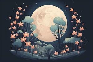 an illustration of a full moon with trees and flowers generative AI photo